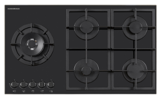 Picture of NordMende 90cm 5 x Burner Gas Hob 1 x Side Wok Burner Cast Iron Pan Supports Black Glass